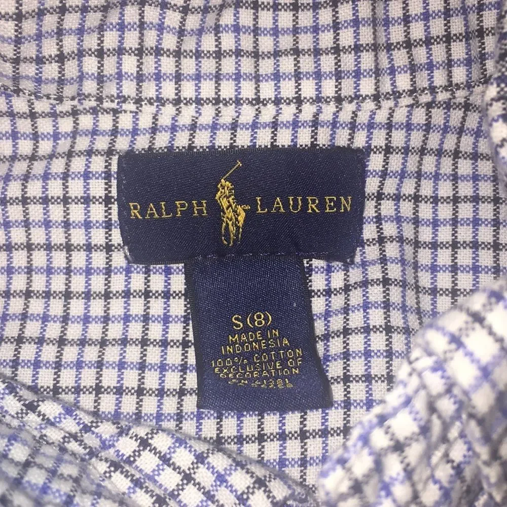 Polo Ralph Lauren Boys Shirt Small 8 Blue White Check Tattersall Button Down